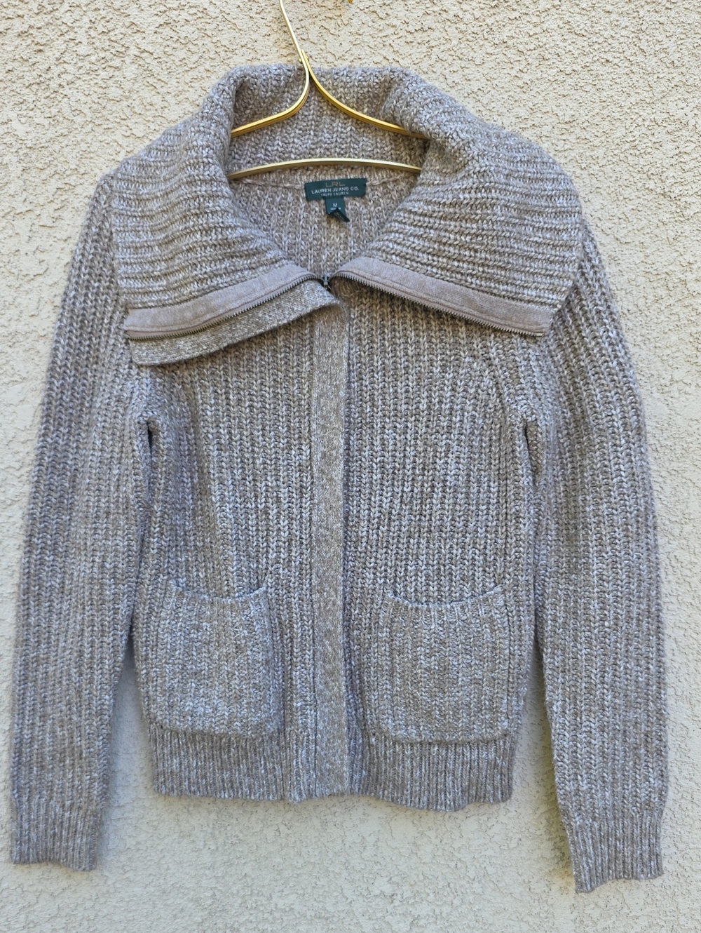 Lauren Ralph Lauren Heathered Taupe Zip-Front Knit Cardigan
